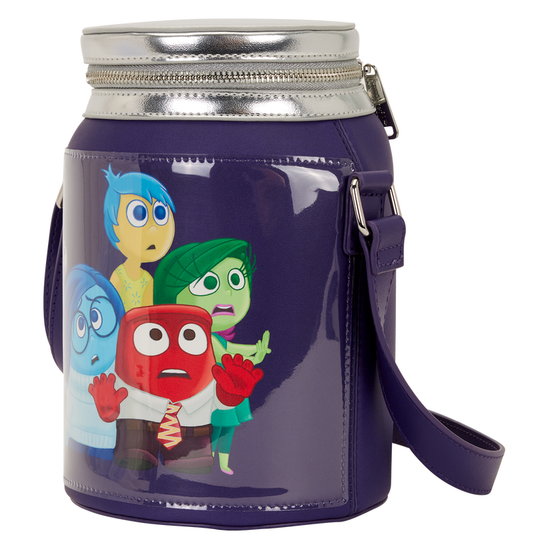 Purple crossbody bag with Inside Out characters on a white background