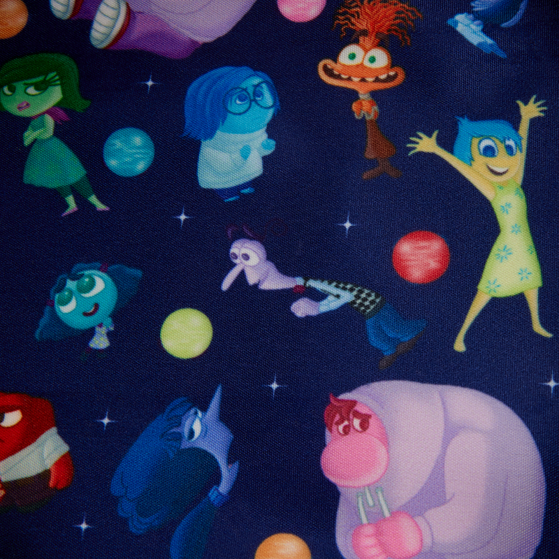 Illustrations of colorful Inside Out characters and emotions on a dark blue background