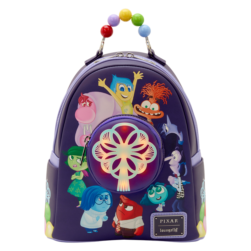 Backpack with colorful character design on a white background