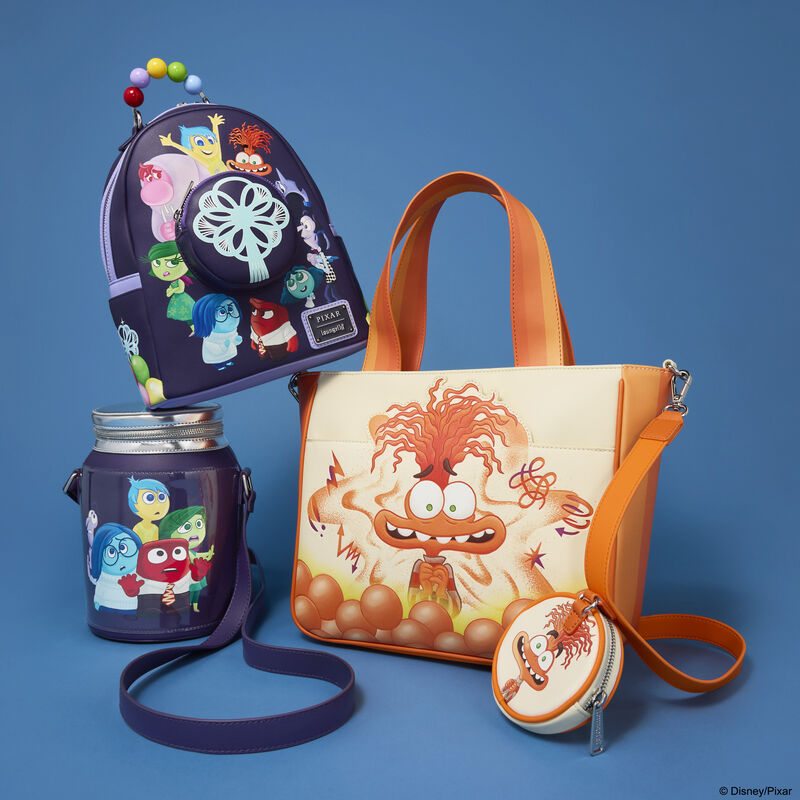 Collection of Inside Out Pixar-themed bags and accessories on a blue background