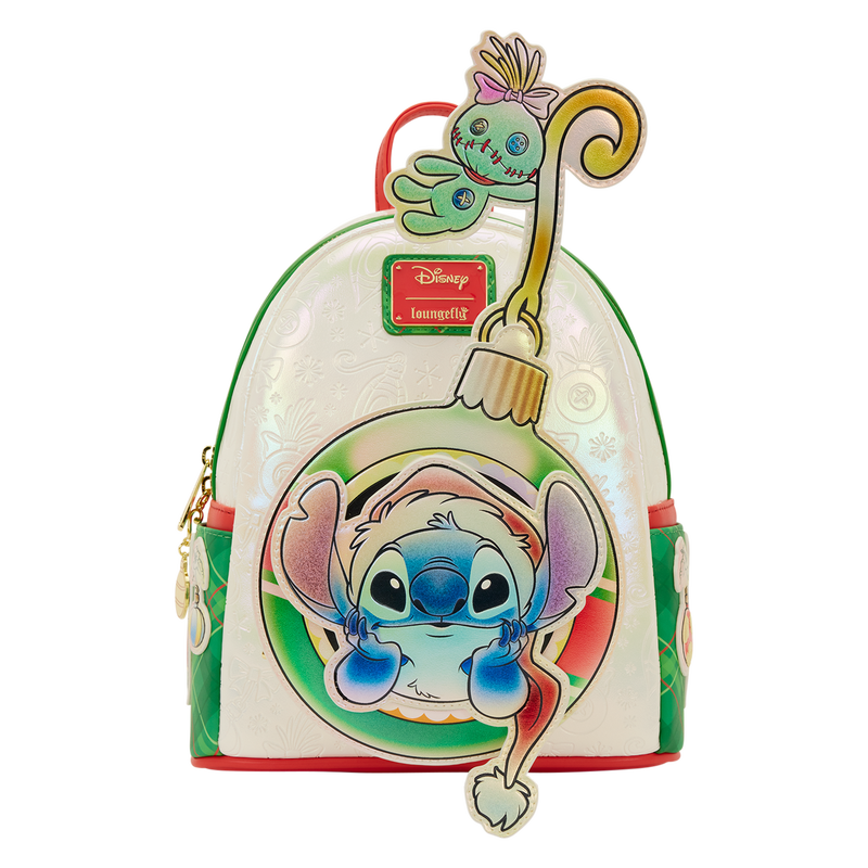 Loungefly backpack with scrumpy and stitch in a festive design