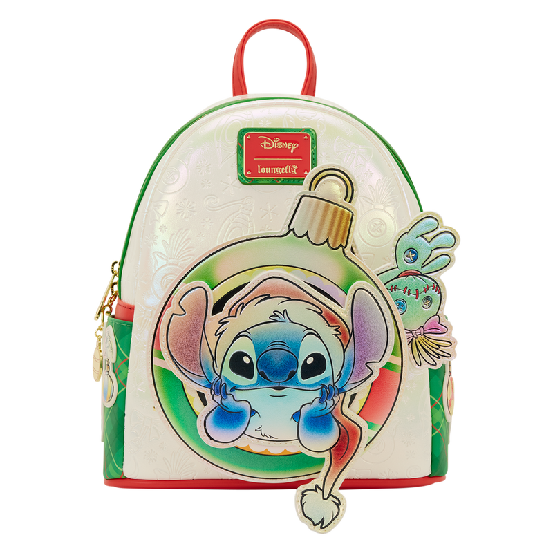 Loungefly backpack with festive Stitch design on a white background