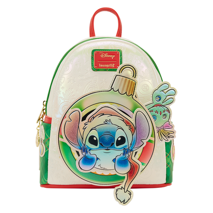 Loungefly backpack with festive Stitch design on a white background
