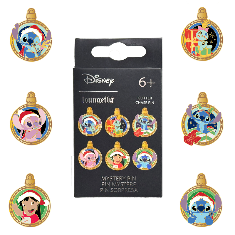Set of Disney Lilo & Stitch themed festive ornaments Loungefly pins with a packaging box labeled 'Disney Loungefly'.