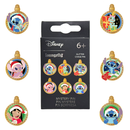 Set of Disney Lilo & Stitch themed festive ornaments Loungefly pins with a packaging box labeled 'Disney Loungefly'.