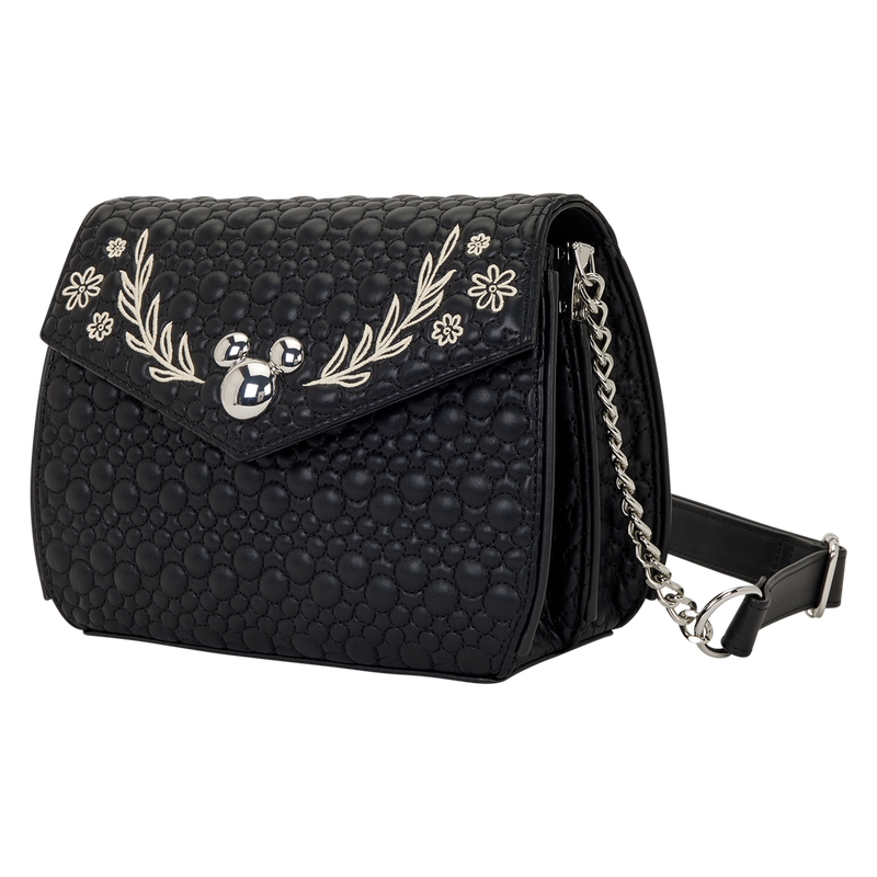 Mickey Mouse sketch artist black textured Loungefly crossbody bag with Mickey pattern design on a white background