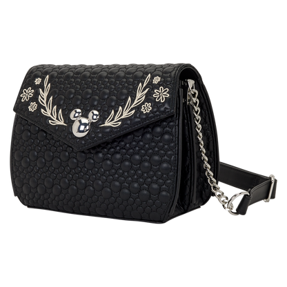 Mickey Mouse sketch artist black textured Loungefly crossbody bag with Mickey pattern design on a white background