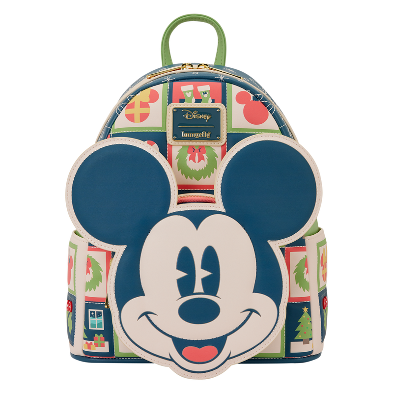 Festive Loungefly backpack with Mickey Mouse design and Christmas-themed pattern on a white background