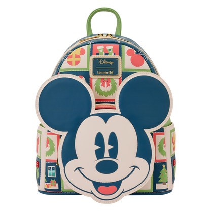 Festive Loungefly backpack with Mickey Mouse design and Christmas-themed pattern on a white background