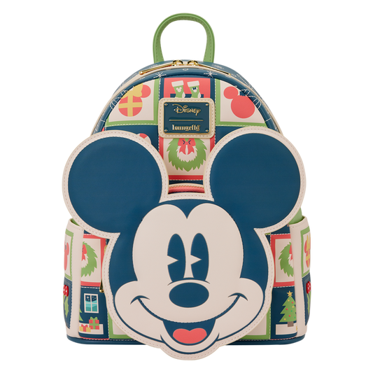 Festive Loungefly backpack with Mickey Mouse design and Christmas-themed pattern on a white background