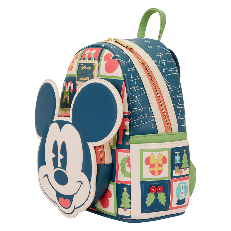 Mickey Mouse Holiday Loungefly backpack with a festive design on a white background