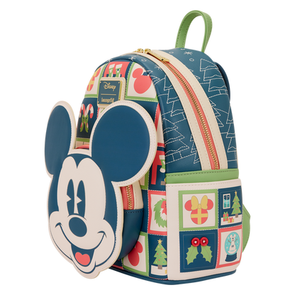 Mickey Mouse Holiday Loungefly backpack with a festive design on a white background