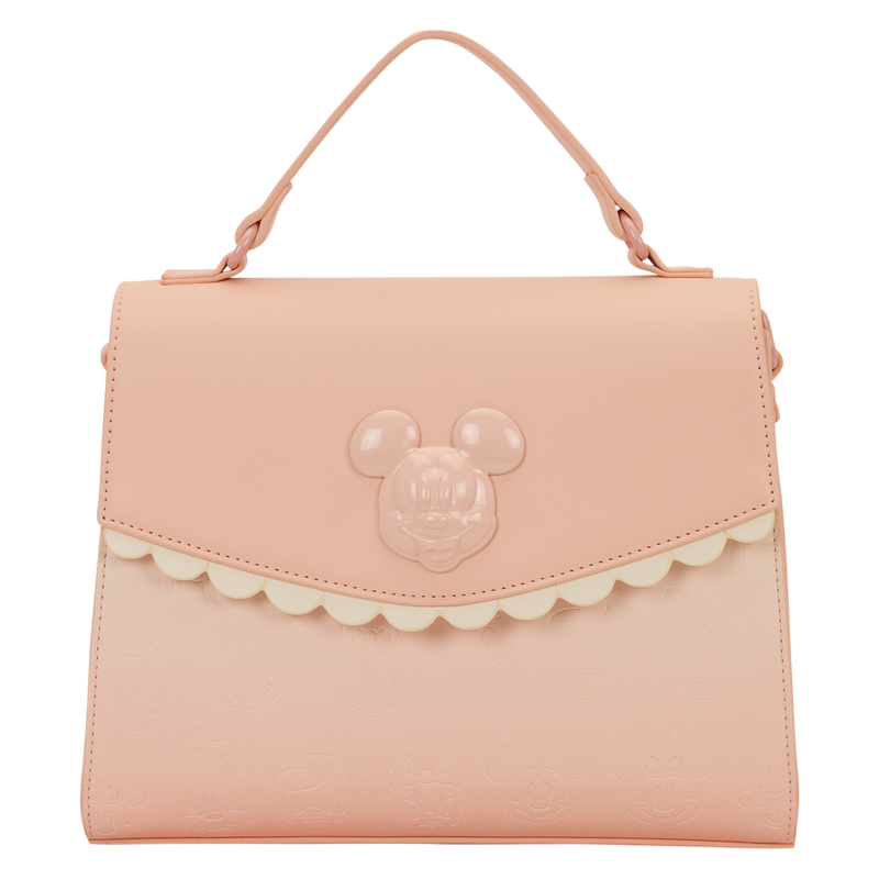 Mickey & Friends All‑Over Print Loungefly Crossbody Bag Pink ombre crossbody bag with mickey & friends faces design on a white background