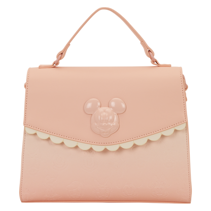 Mickey & Friends All‑Over Print Loungefly Crossbody Bag Pink ombre crossbody bag with mickey & friends faces design on a white background