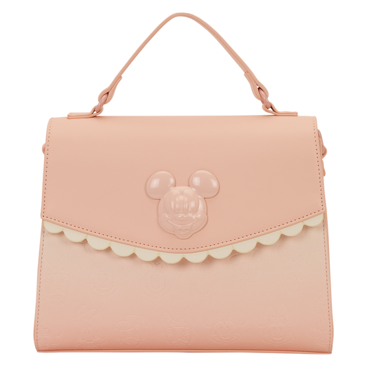 Mickey & Friends All‑Over Print Loungefly Crossbody Bag Pink ombre crossbody bag with mickey & friends faces design on a white background
