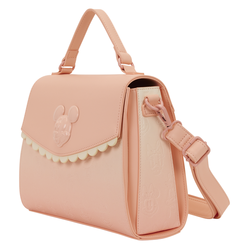 Mickey & Friends All‑Over Print Loungefly Crossbody Bag Pink ombre bag with a decorative flap on a white background