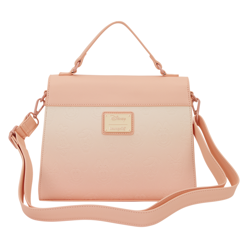 Mickey & Friends All‑Over Print Loungefly Crossbody Bag Pink crossbody bag with a visible brand logo on a white background