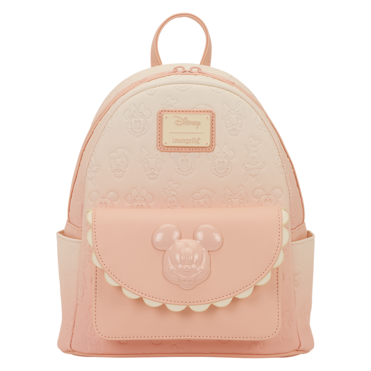 Mickey & Friends All‑Over Print Loungefly Mini Backpack Pink ombre backpack with a mickey and character emblem on a white background