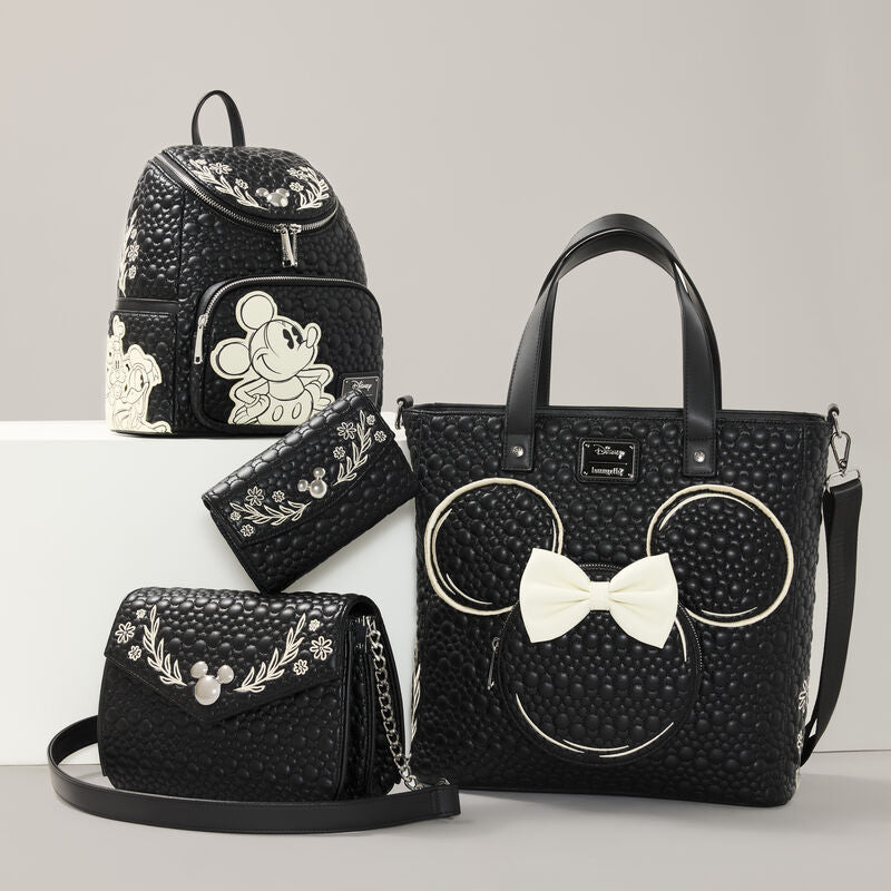 Set of black handbags  and backpacks with Mickey & Friends artist sketch Loungefly design on a light gray background