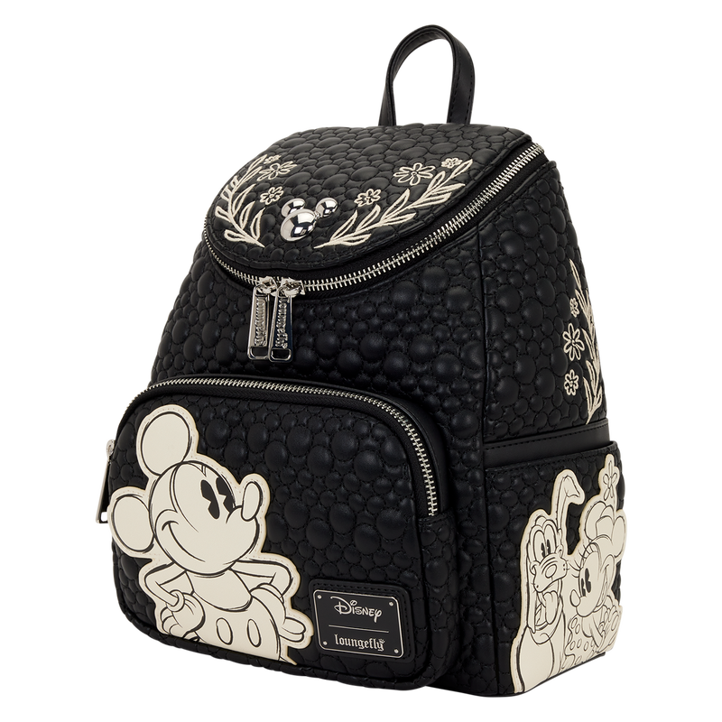 Mickey & friends Loungefly black Loungefly backpack with white sketch designs of Pluto, Mickey Mouse and Minnie Mouse
