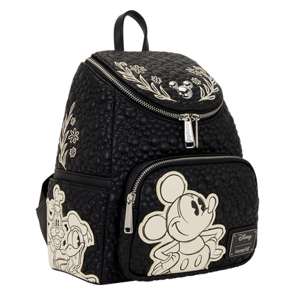 Mickey & Friends black loungefly  backpack with white sketch designs of Goofy, Donald Duck & Mickey mouse