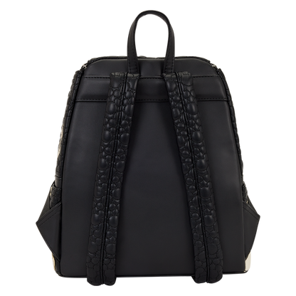 Black Mickey & Friends artist sketch Loungefly backpack with textured straps on a white background