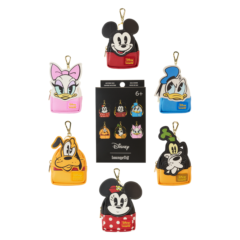 Set of colorful bag charms featuring Mickey & Friends characters with a packaging in the center.
