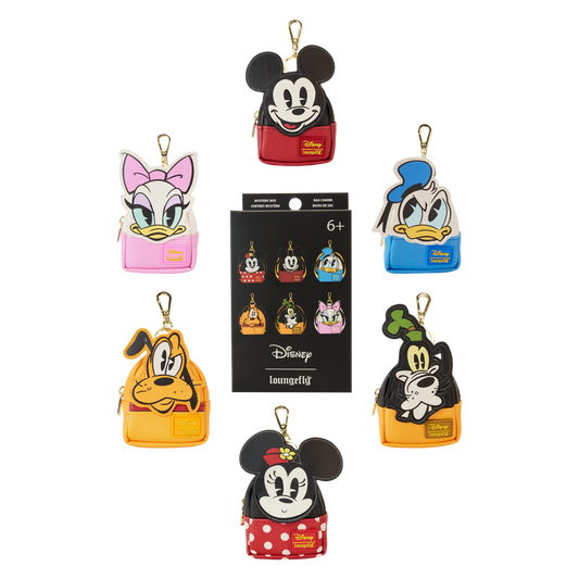 Set of colorful bag charms featuring Mickey & Friends characters with a packaging in the center.