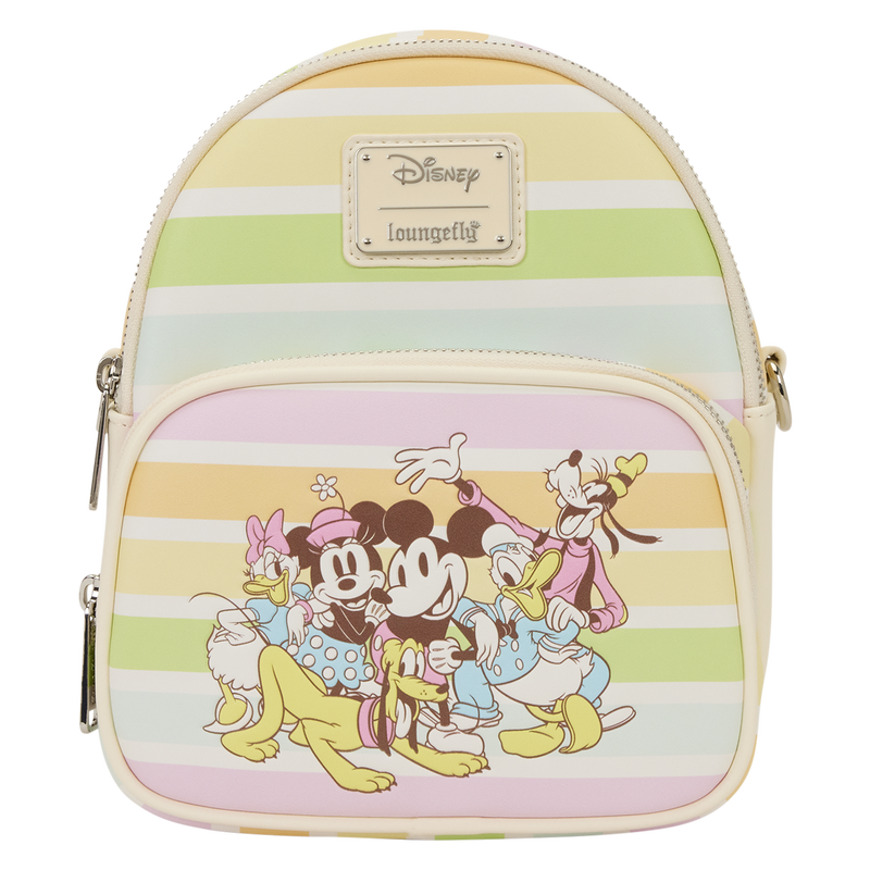 Mickey & Friends Rainbow Stripes Convertible Loungefly bag featuring mickey donald, minnie, goofie, pluto and daisy on a striped background, featuring the Disney brand.
