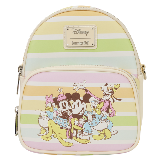 Mickey & Friends Rainbow Stripes Convertible Loungefly bag featuring mickey donald, minnie, goofie, pluto and daisy on a striped background, featuring the Disney brand.