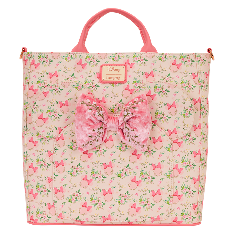 Pink floral Minnie Mouse Loungefly bag with a large bow on a white background