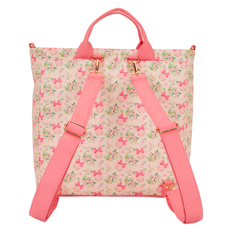 Minnie Mouse Loungefly Backpack with pink floral pattern and straps on a white background