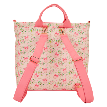 Minnie Mouse Loungefly Backpack with pink floral pattern and straps on a white background