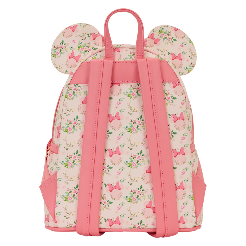 Floral-patterned Minnie Mouse Loungefly backpack with pink accents on a white background
