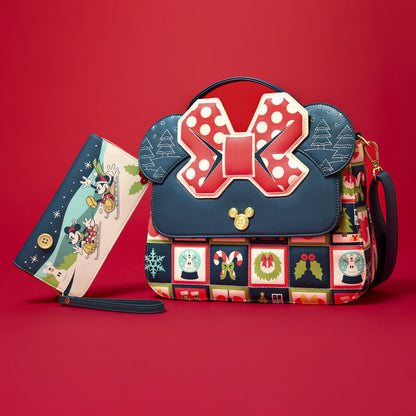 Christmas-themed Minnie Mouse Loungefly handbag with decorative bow and matching card holder on a red background