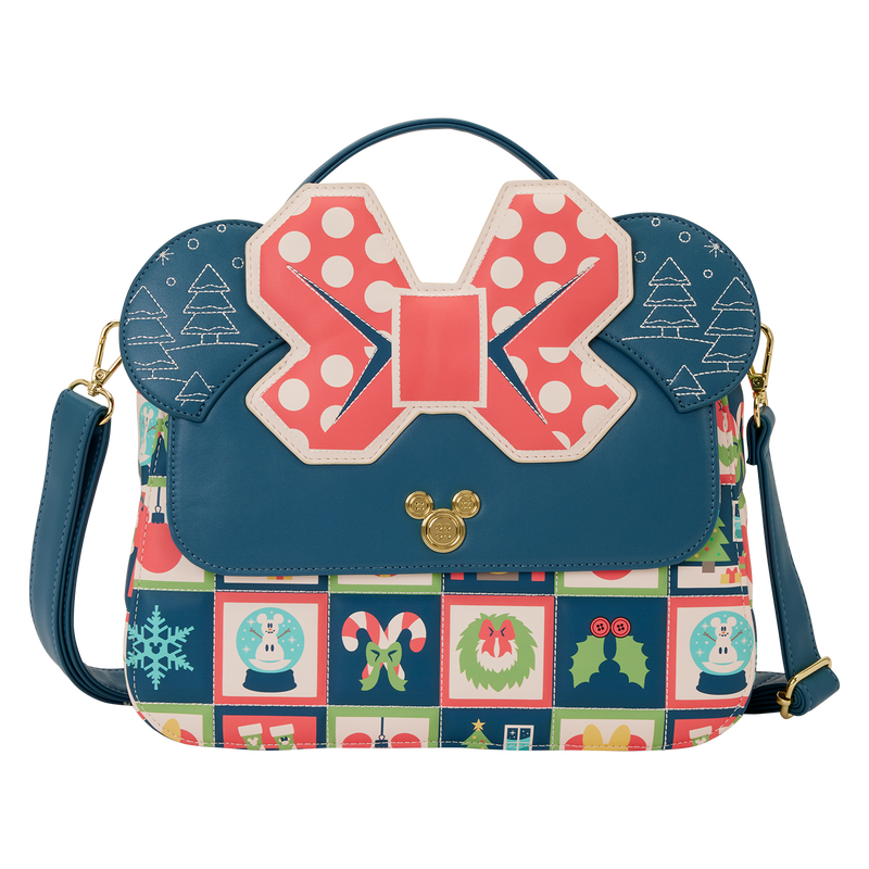 Christmas-themed Minnie Mouse Holiday crossbody handbag with bow design and colorful festive pattern on a white background