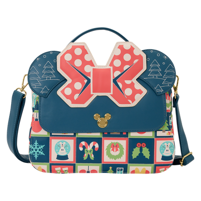 Christmas-themed Minnie Mouse Holiday crossbody handbag with bow design and colorful festive pattern on a white background