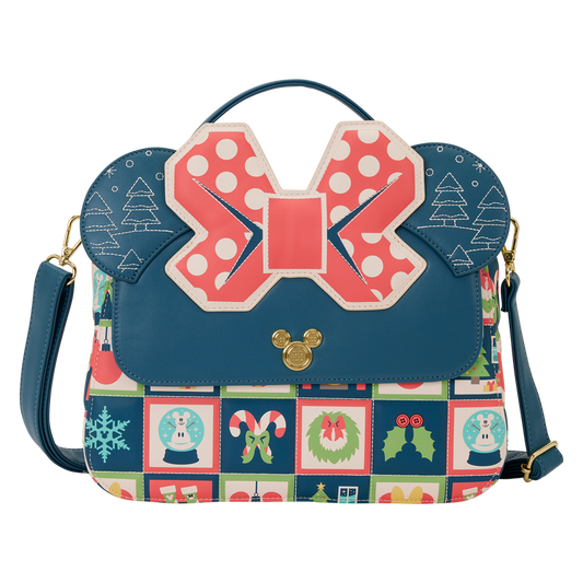 Christmas-themed Minnie Mouse Holiday crossbody handbag with bow design and colorful festive pattern on a white background