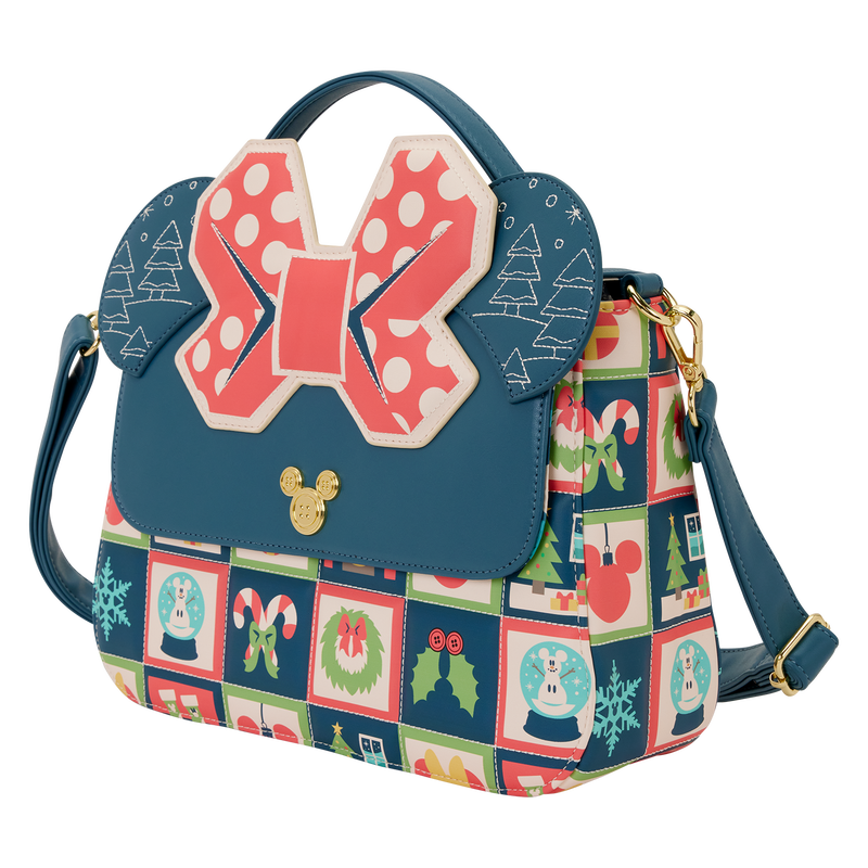 Minnie Mouse Holiday Loungefly crossbody handbag with festive design and bow detail on a white background