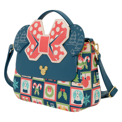 Minnie Mouse Holiday Loungefly crossbody handbag with festive design and bow detail on a white background