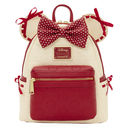 Minnie Mouse Rock the Dots Coquette Mini Lounegefly Backpack with red polka dot bow and ears on a white background