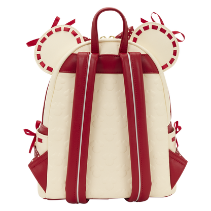 Minnie Mouse Rock the Dots Coquette Mini loungefly Backpack with red straps and decorative elements on a white background