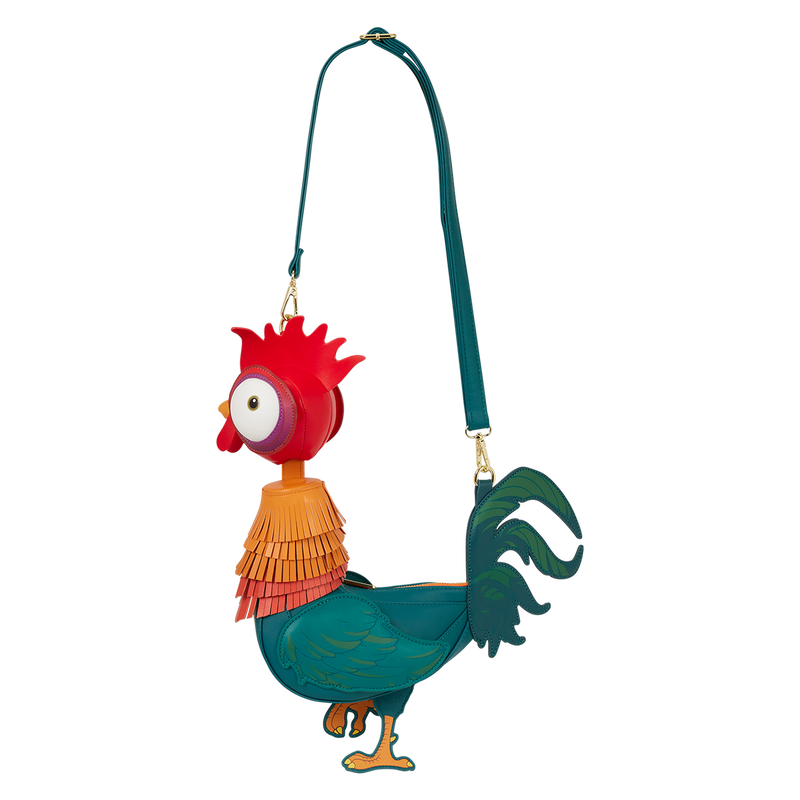Colorful Hei Hei shaped crossbody bag with a green strap on a white background