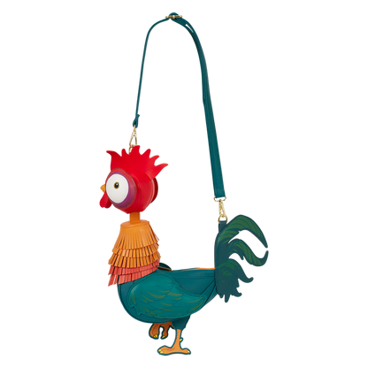 Colorful Hei Hei shaped crossbody bag with a green strap on a white background