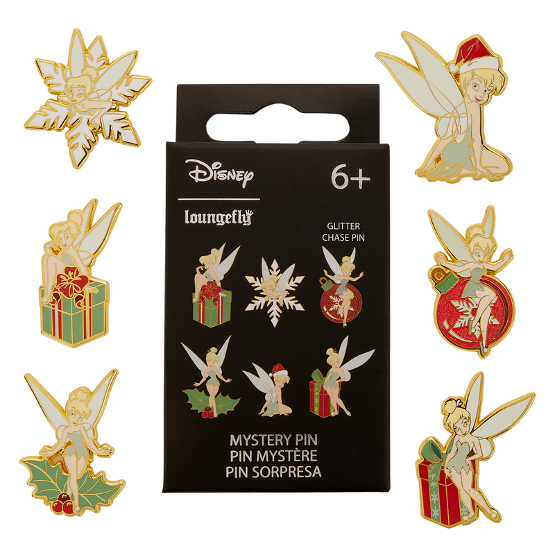 Set of Tinker Bell Disney Christmas themed pins with packaging on a white background