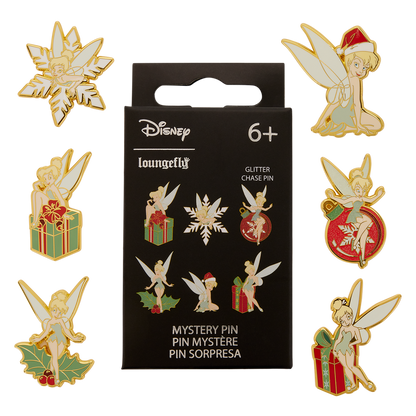 Set of Tinker Bell Disney Christmas themed pins with packaging on a white background