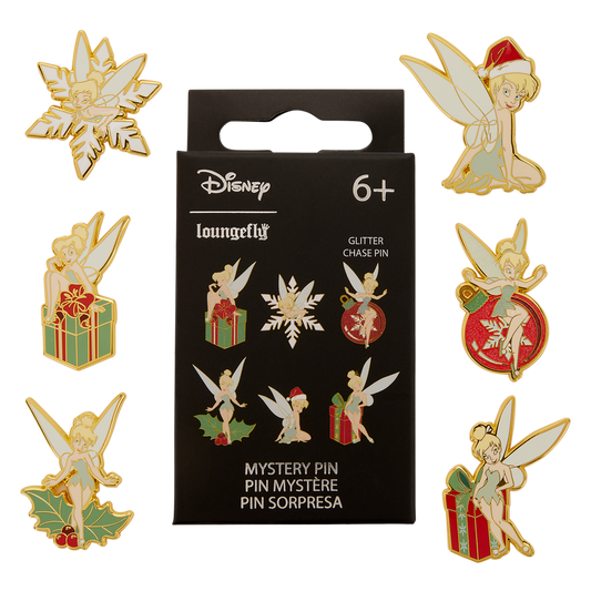 Set of Tinker Bell Disney Christmas themed pins with packaging on a white background