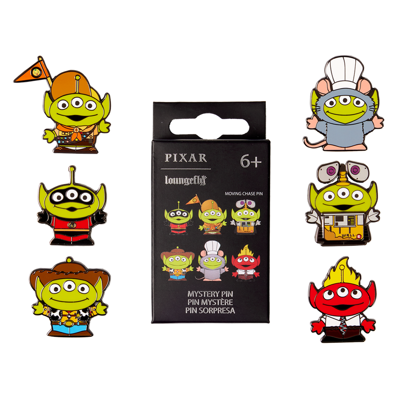Set of Pixar-themed toy story alien pins with a packaging box on a white background
