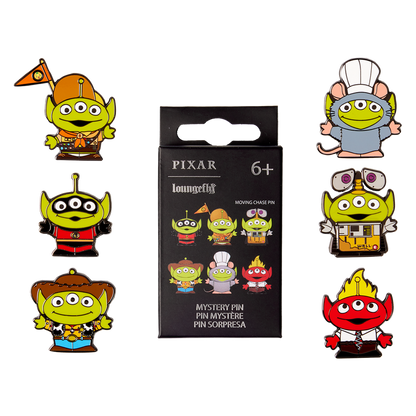 Set of Pixar-themed toy story alien pins with a packaging box on a white background