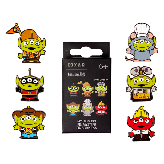 Set of Pixar-themed toy story alien pins with a packaging box on a white background